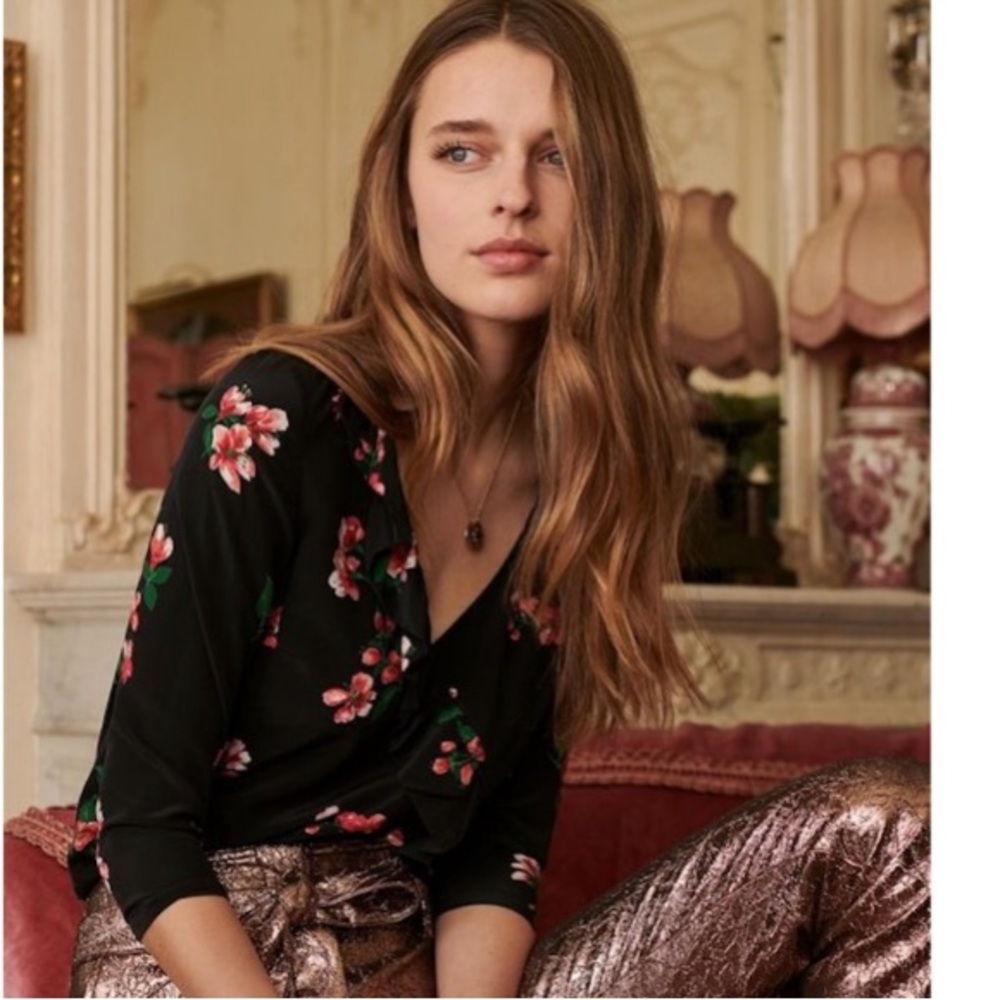 Sezane Black Floral Wrap Blouse with Pink Blossoms